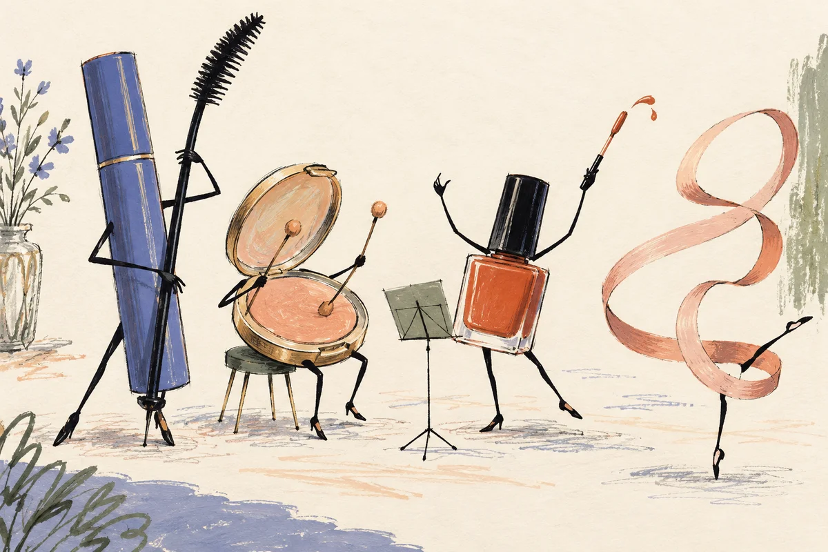 Cosmetic objects performing as a whimsical orchestra