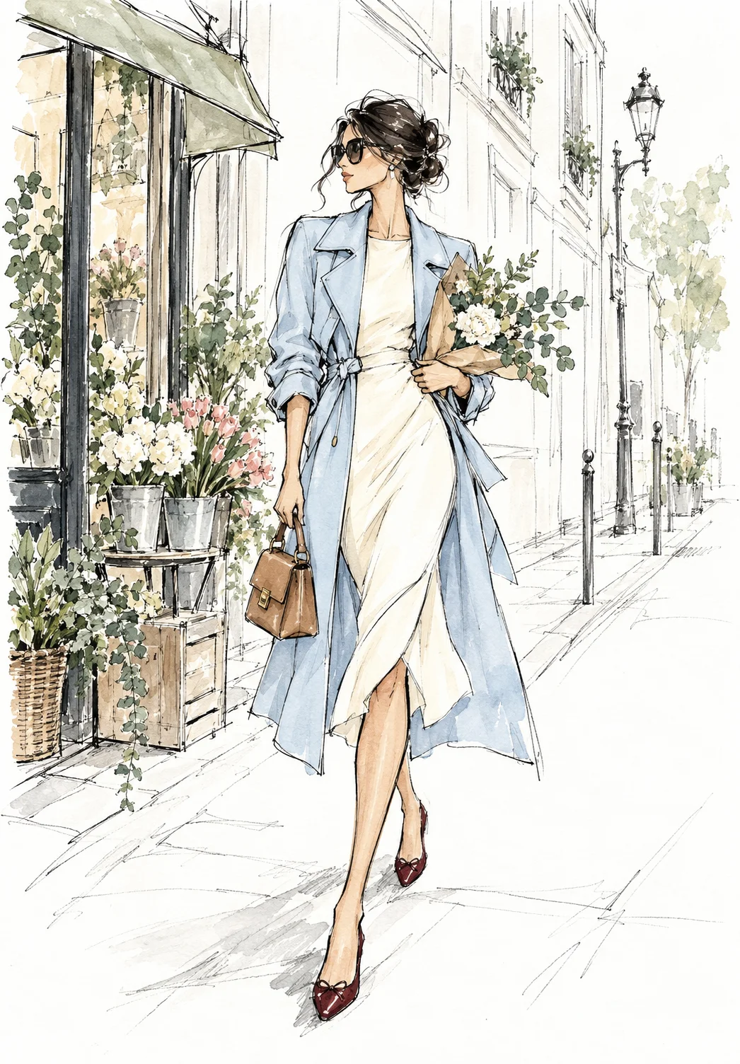 Woman in a powder-blue trench beside a flower shop