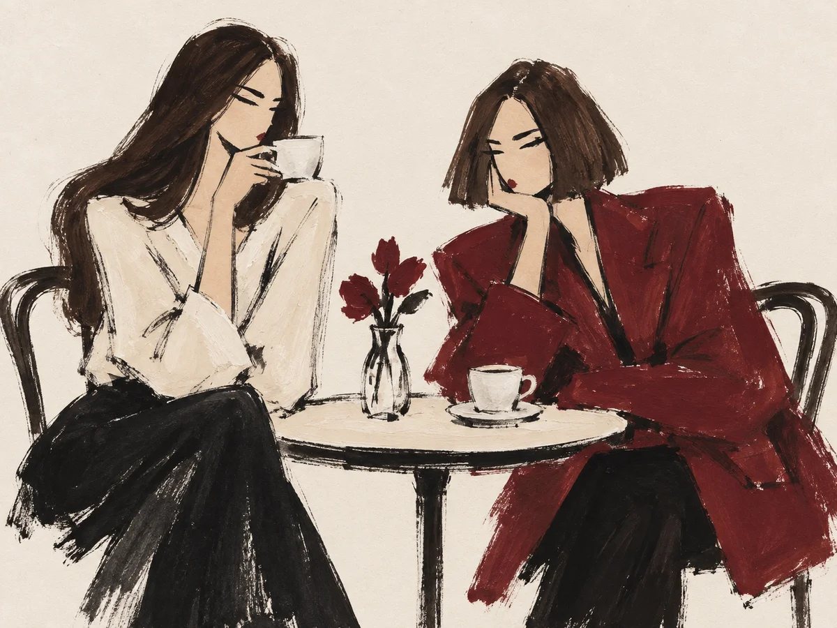 Two women in cream and oxblood at a café table