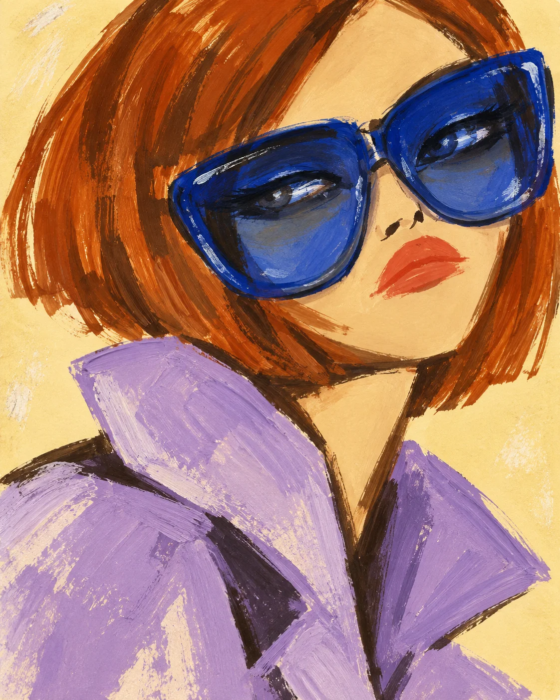 Copper-haired woman wearing cobalt sunglasses and a lilac collar