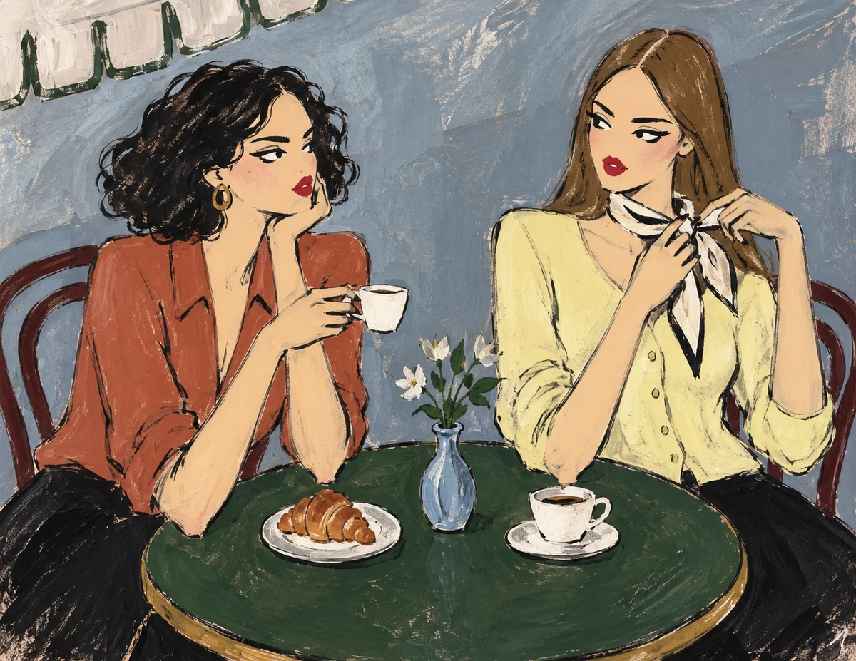 Two women in terracotta and yellow at a green café table