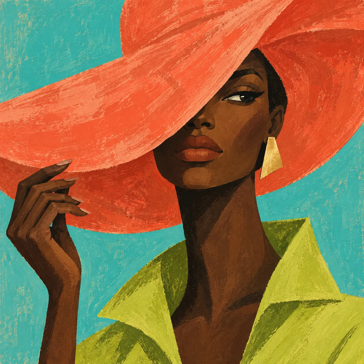 Woman wearing a sculptural coral hat and chartreuse collar