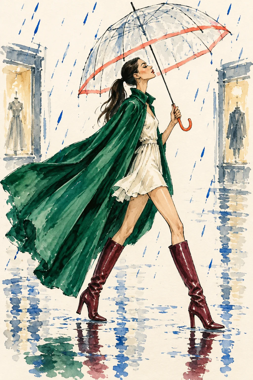 Woman in an emerald cape walking beneath an umbrella