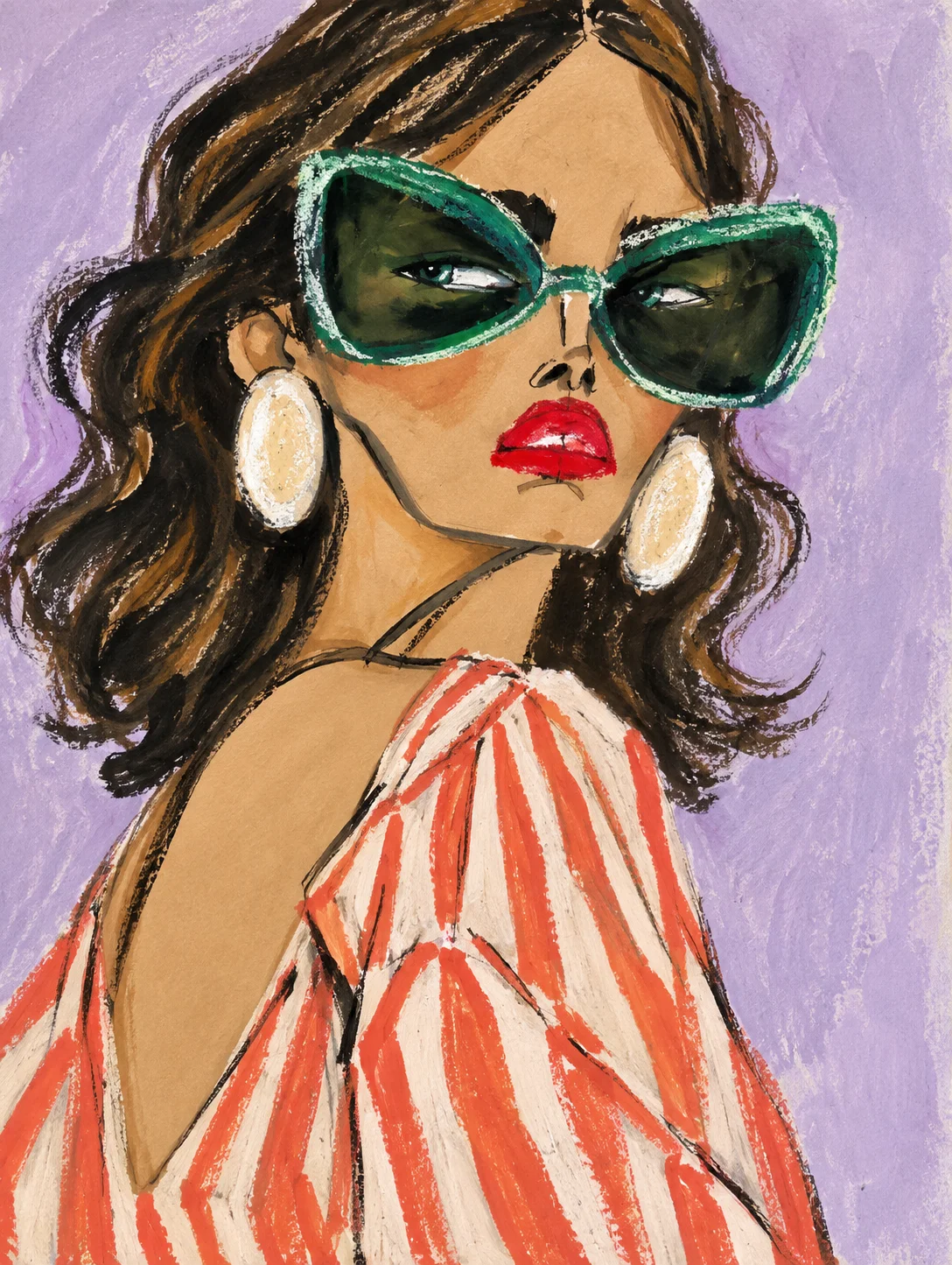 Woman wearing emerald sunglasses against lavender