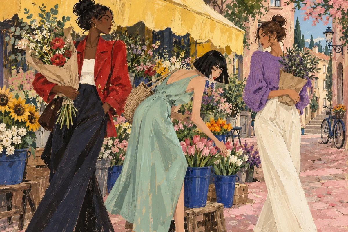 Three friends choosing flowers at a market