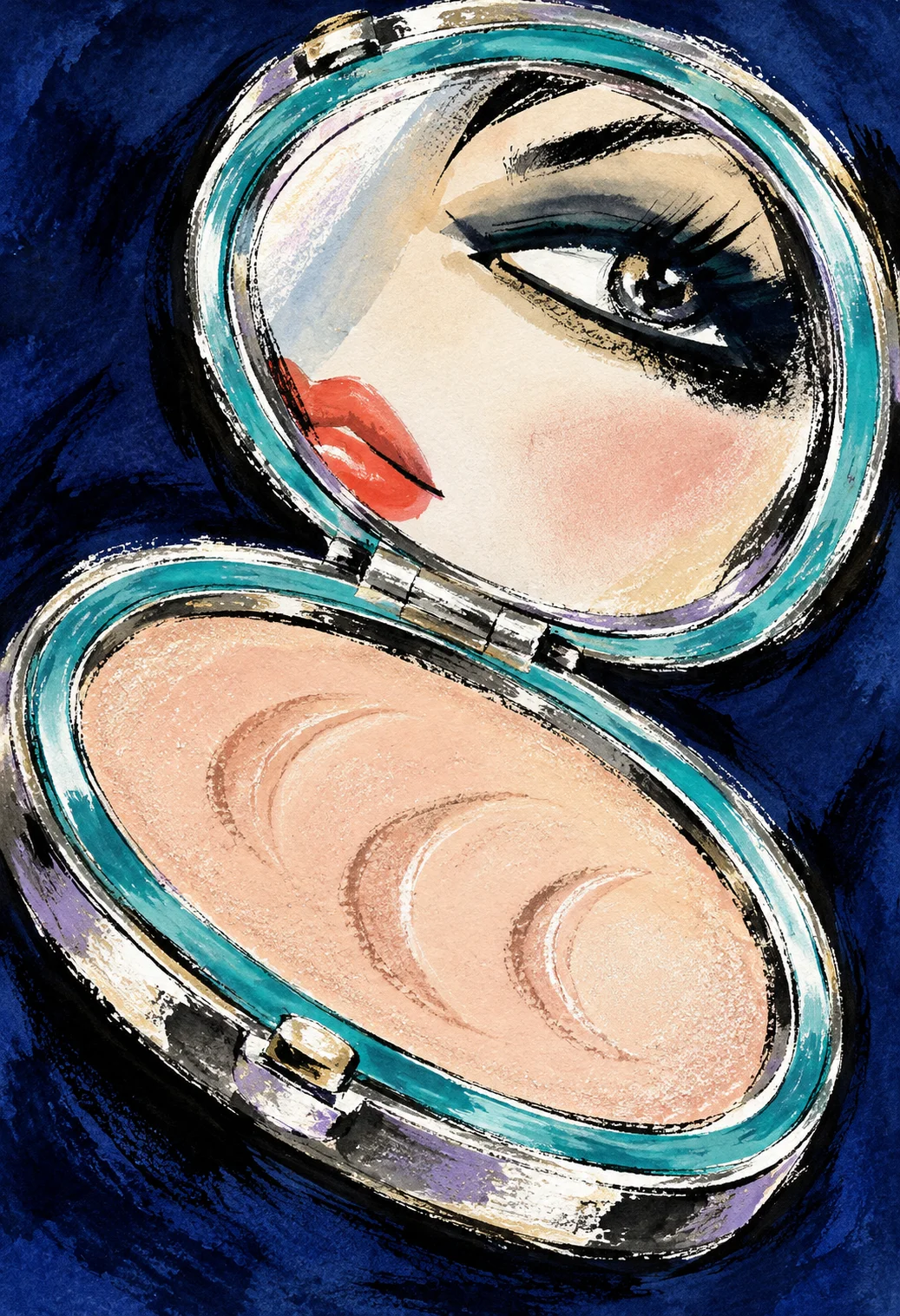 Turquoise compact reflecting a face against midnight blue