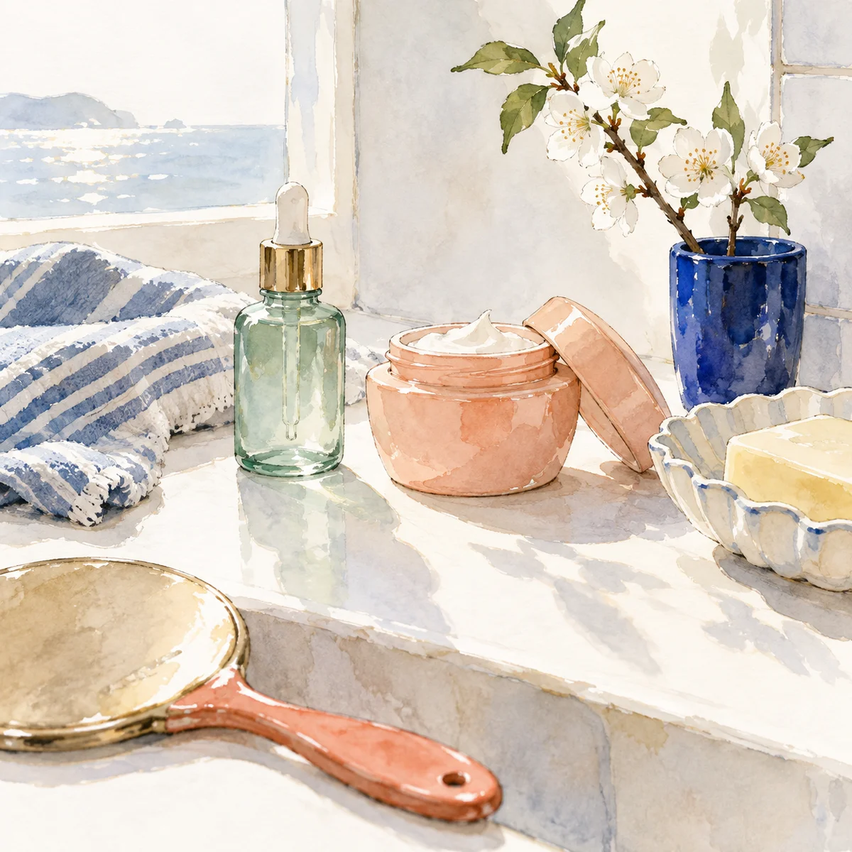 Sea-glass serum and peach cream jar on a sunlit ledge