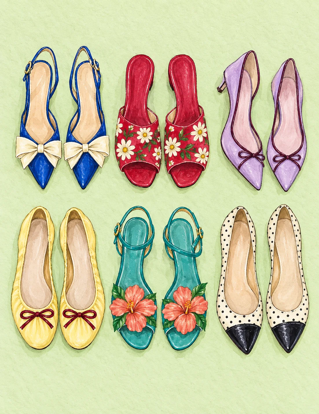 Six pairs of colorful illustrated shoes on pistachio paper