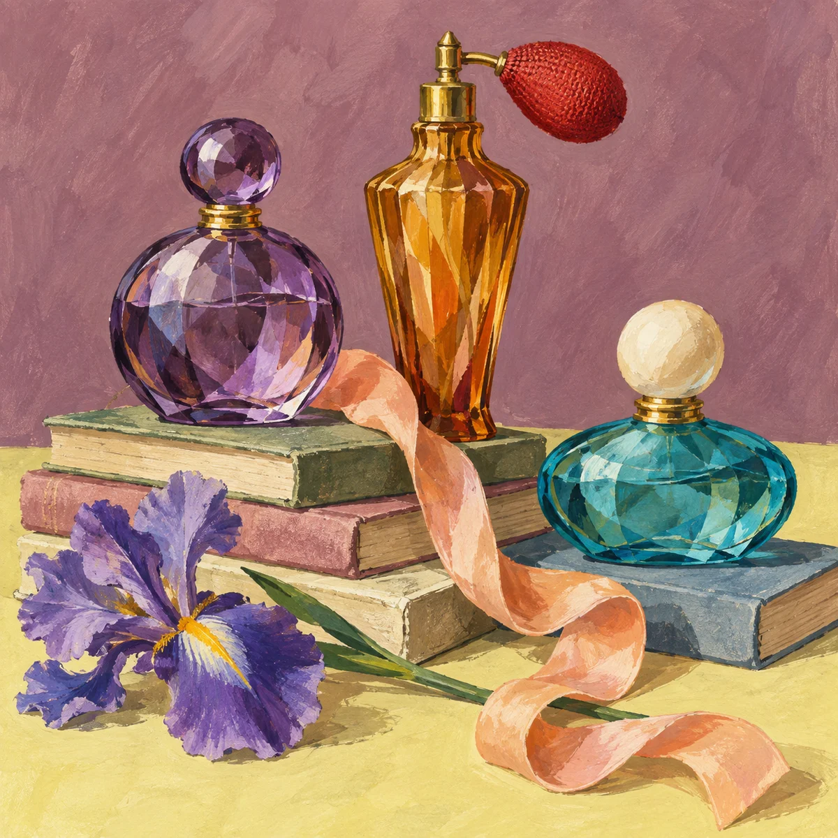 Colored perfume bottles on books beside an iris