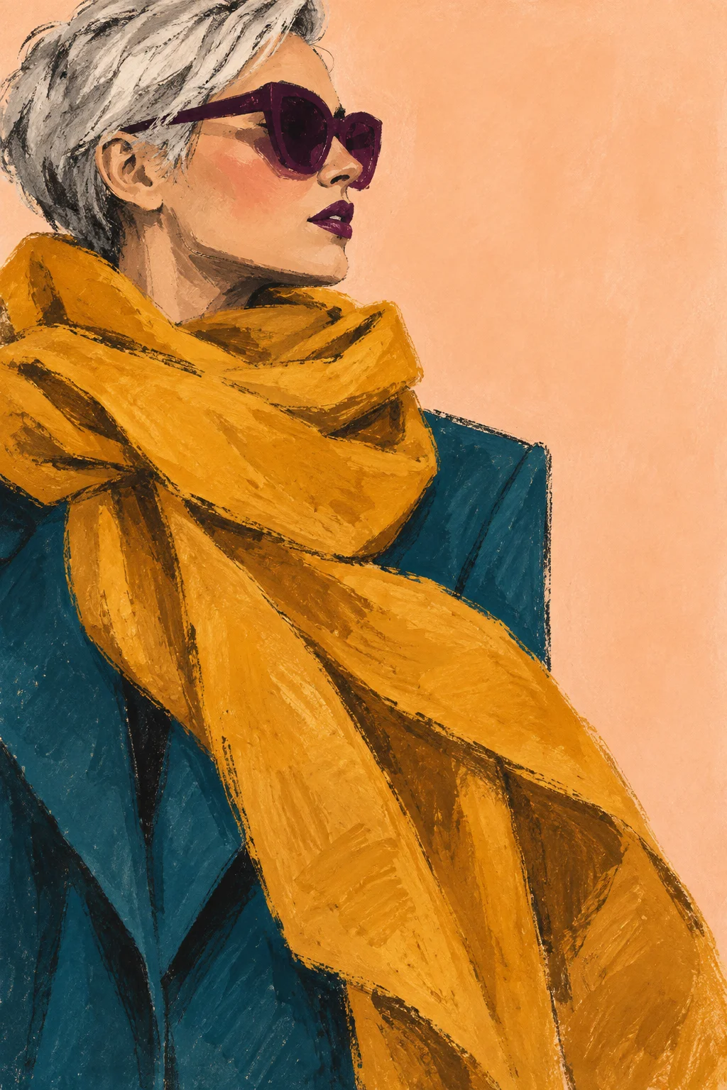 Silver-haired woman in plum sunglasses and a saffron scarf