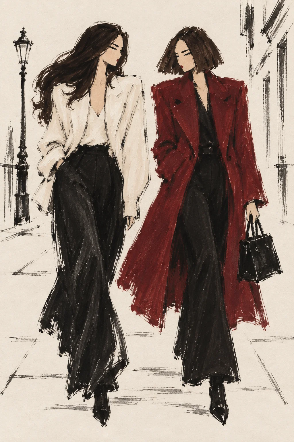 Two women walking in cream tailoring and an oxblood coat