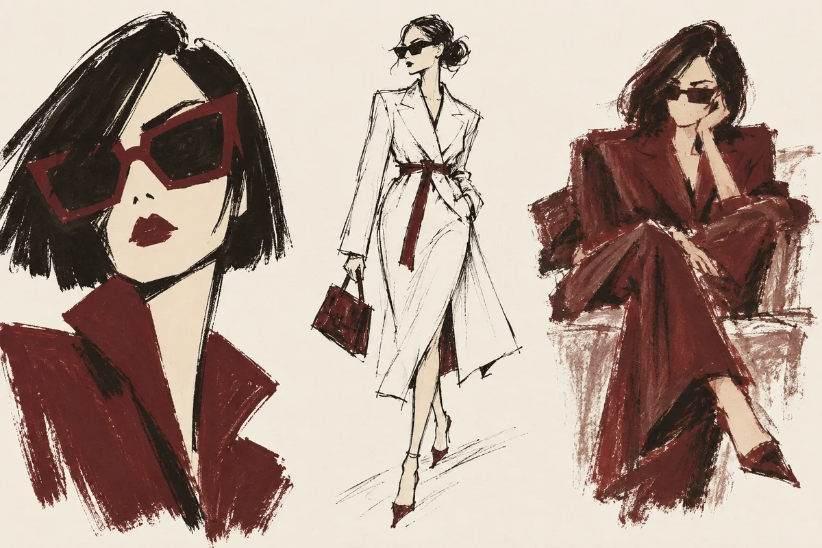 Three fashion studies in graphic, fine ink, and painted styles