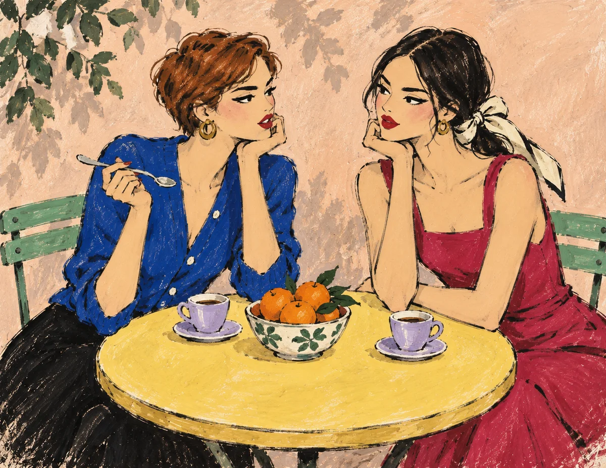 Friends in cobalt and raspberry at a yellow terrace table