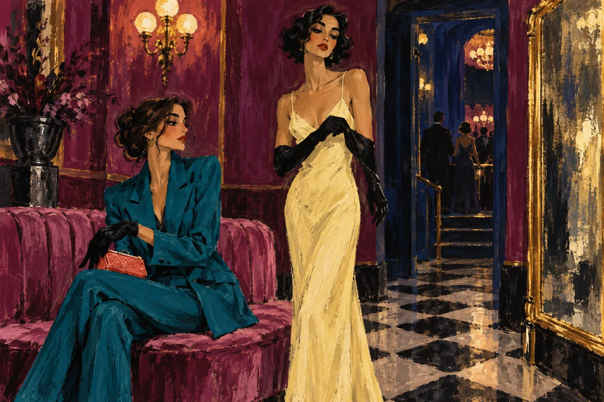 Two women in jewel-toned evening clothes in a theater foyer