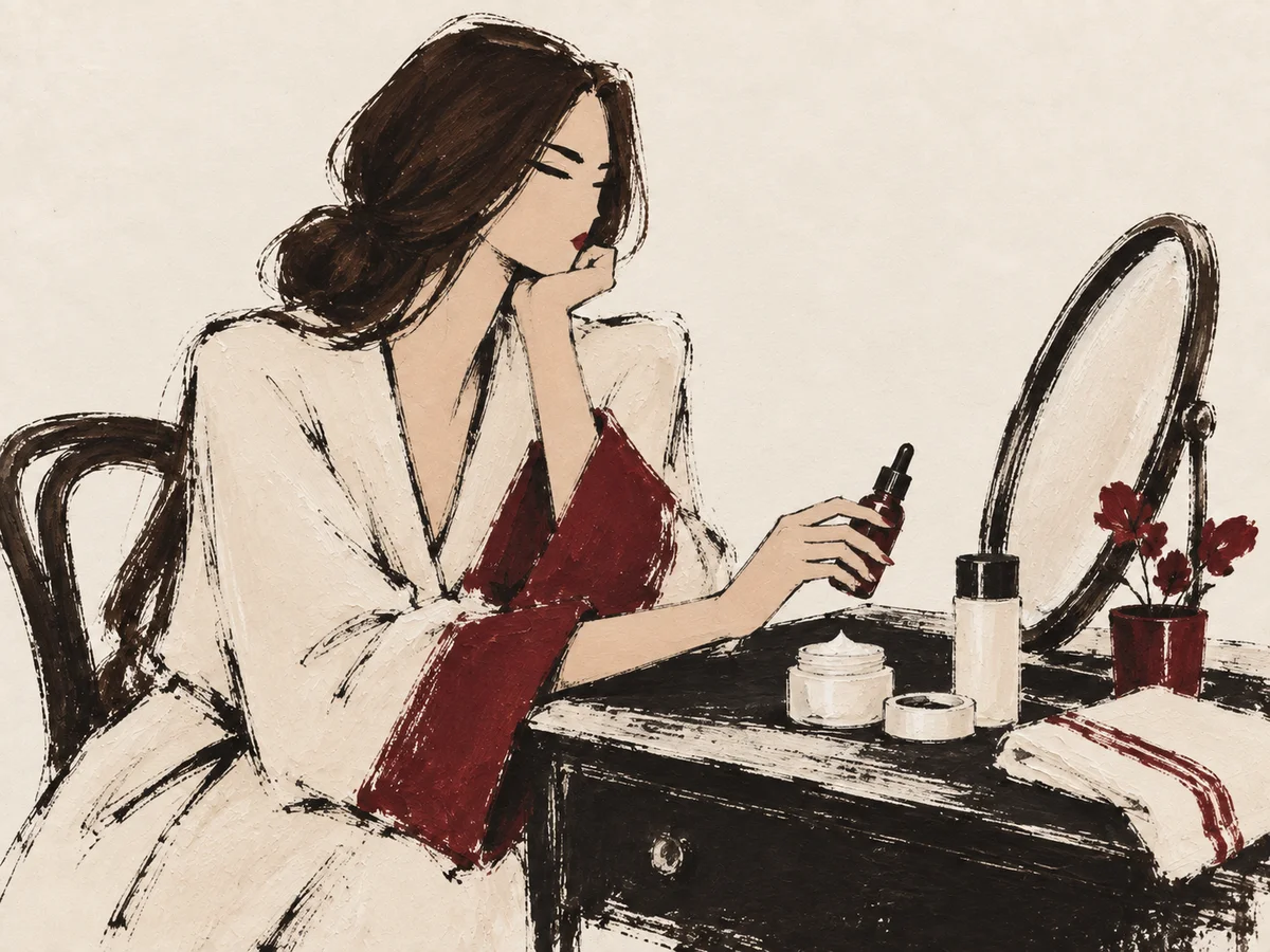Woman at a vanity with skincare bottles and an oval mirror