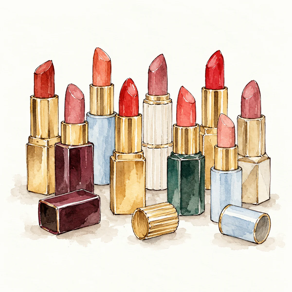 Watercolor lipstick collection in gold and colored cases