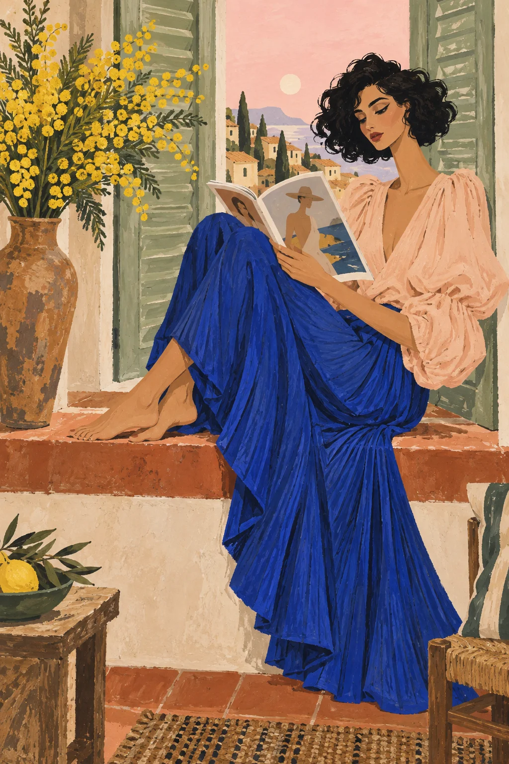 Woman in an ultramarine skirt reading beside sage shutters